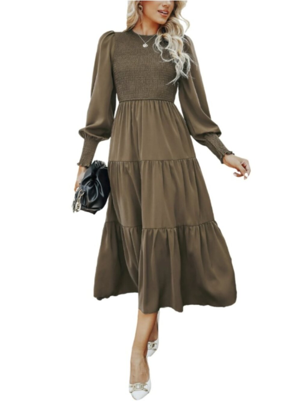 CUPSHE Women's Ruched Maxi Dress High Neck Long Sleeves Smocked Tiered XS